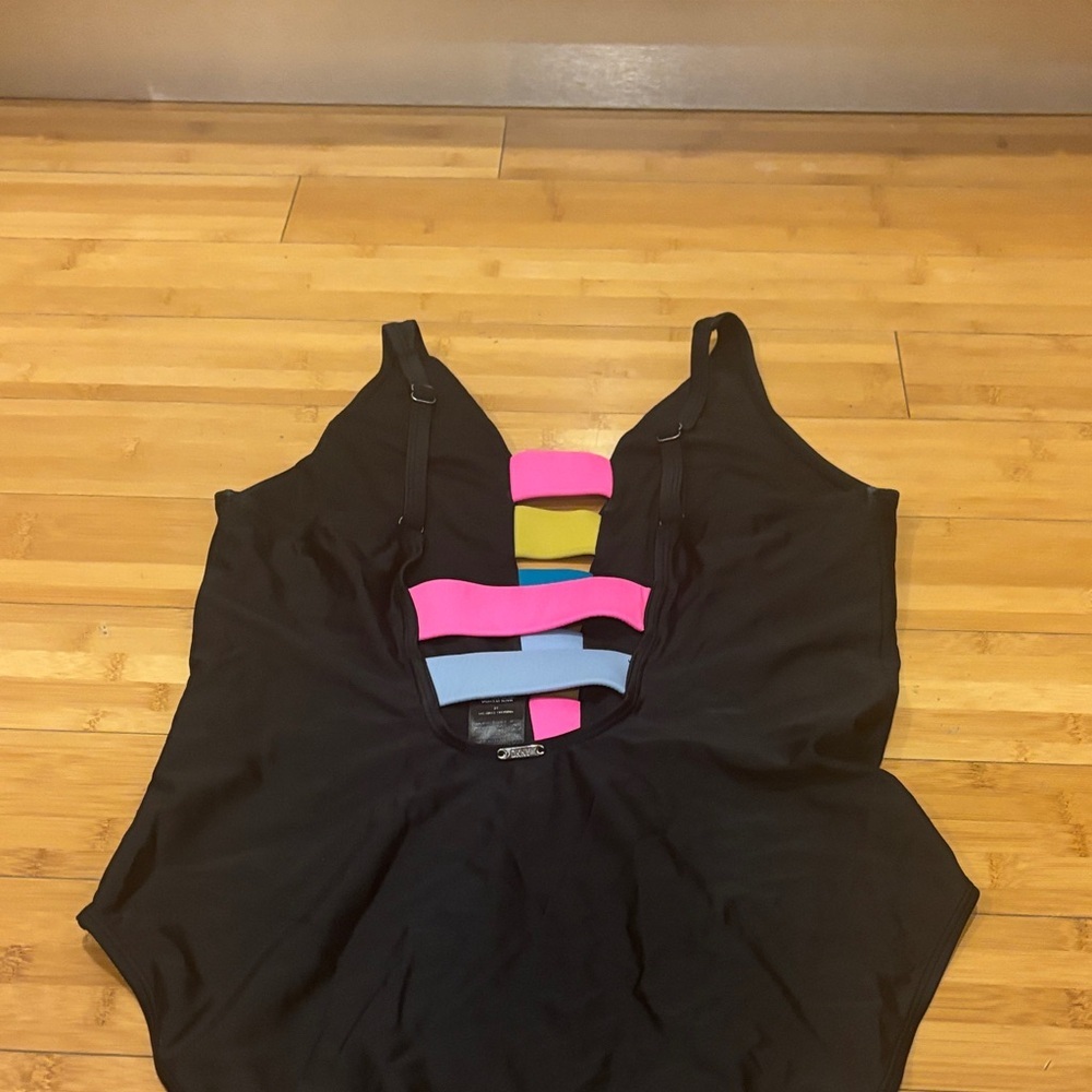 DKNY Black One-Piece Swimsuit with Pink, Yellow, and Blue Stripes - Picture 3 of 5